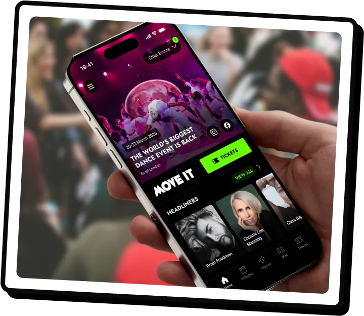 Polaroid-style card of branded event app screens