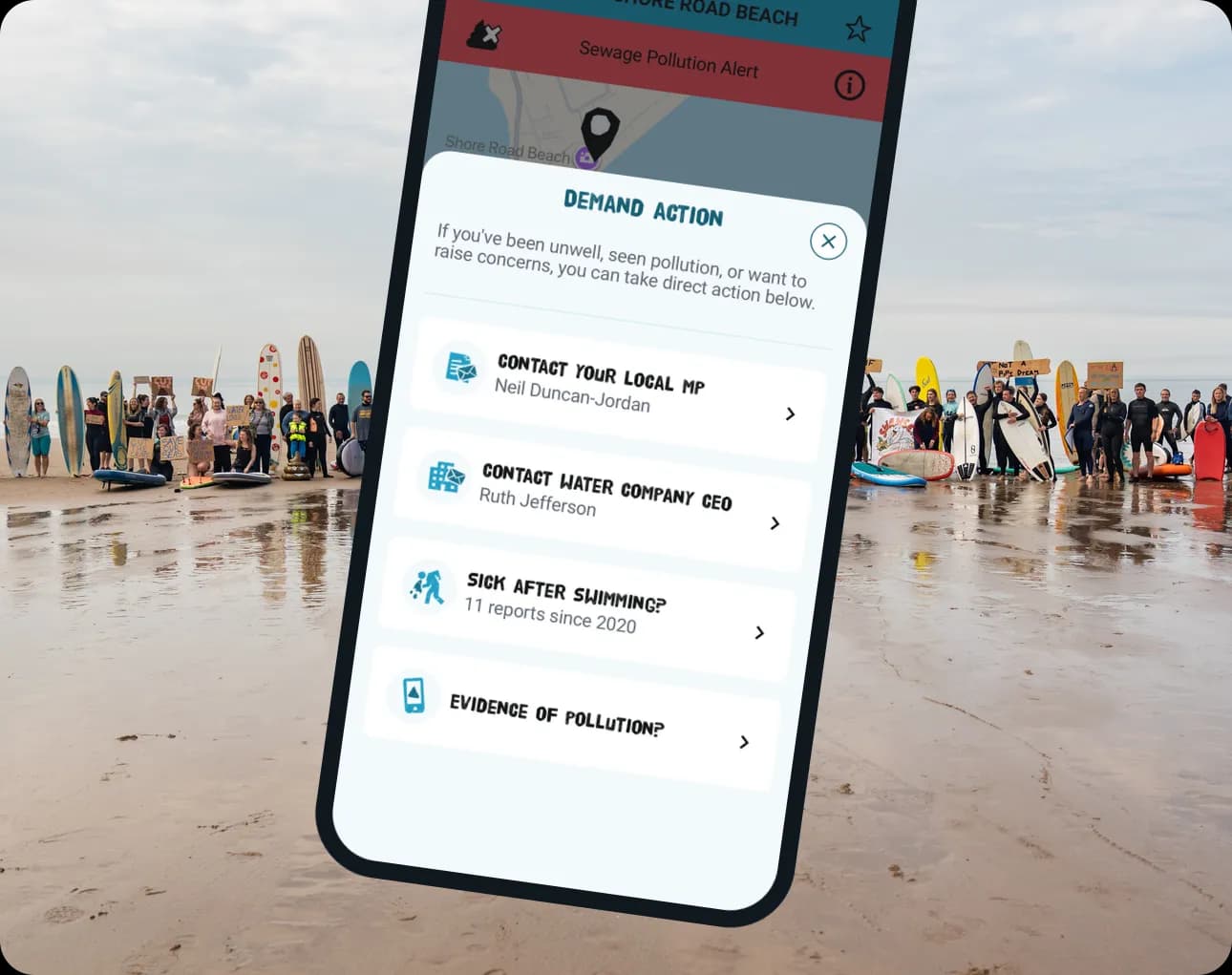 The Safer Seas & Rivers Service app, with Surfers Against Sewage campaigners on the beach behind