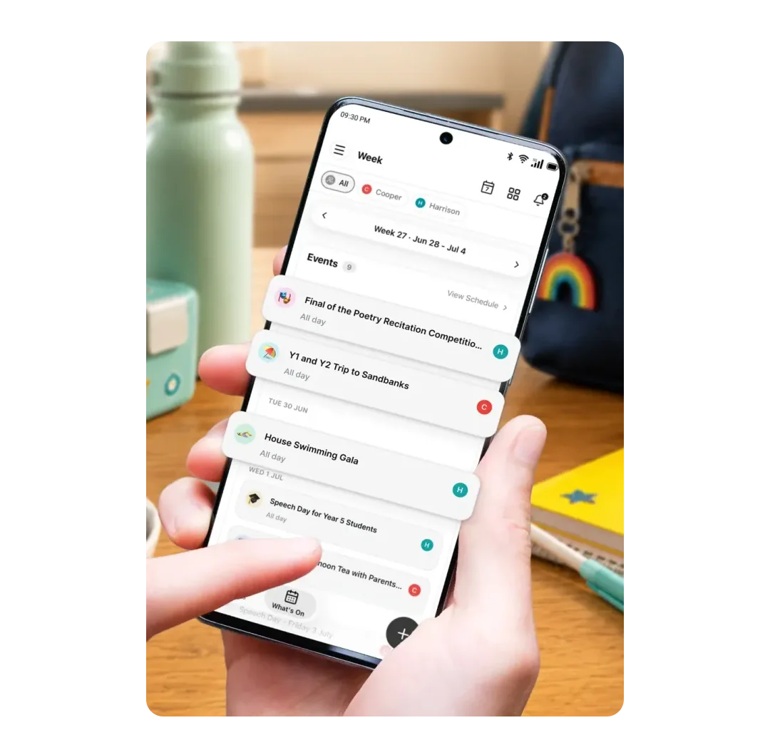 The School Run app open on a phone, showing a week of school events