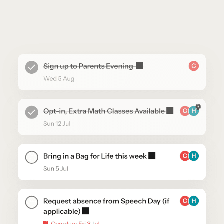 A checklist of school tasks, one of them flagged overdue