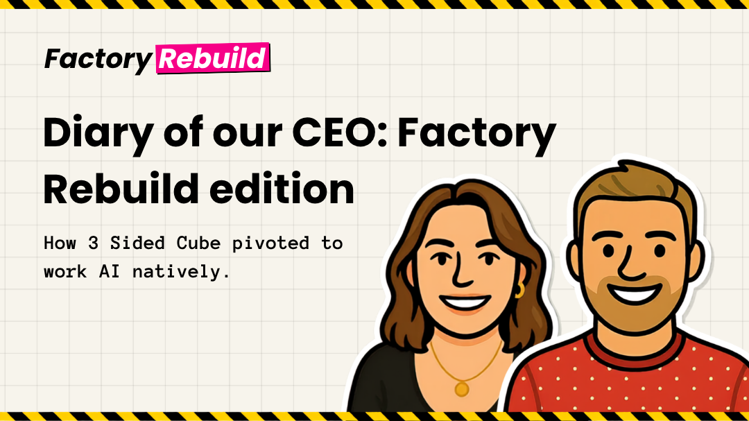 Illustration of Duncan and Sophie smiling. Text reads "Factory Rebuild. Diary of our CEO: Factory Rebuild Edition".
