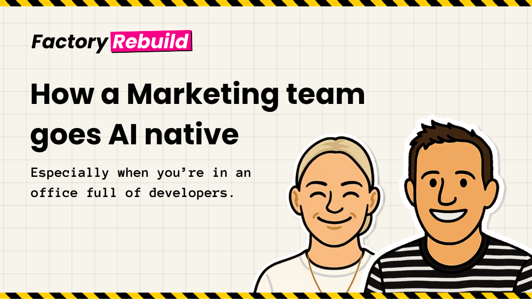 Illustration of Matt and Krystal beside text: "How a Marketing team goes AI native, especially in an office full of developers."