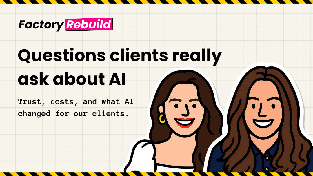 Illustration of Lottie ad Lavy with text: "Questions clients really ask about AI. Trust, costs, and what AI changed for our clients."