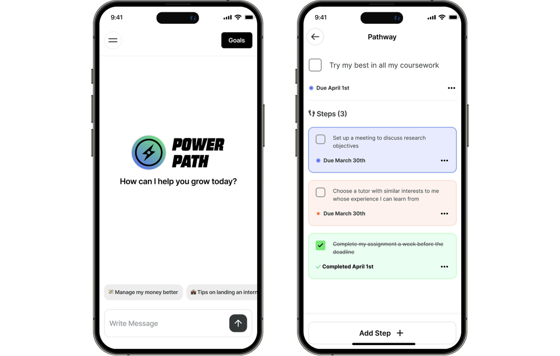 Two phone screens displaying the PowerPath platform.