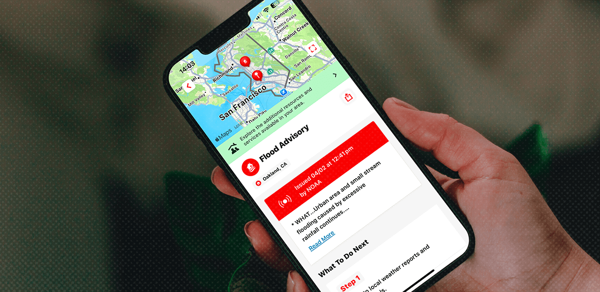 Phone screen showing an example of the detailed alerts in specific locations, such as Flood Advisory.