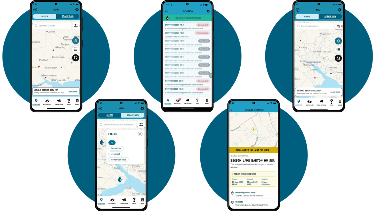 Collage of five smartphone screens displaying maps, alerts, and filters on a location-based app interface against a blue background.