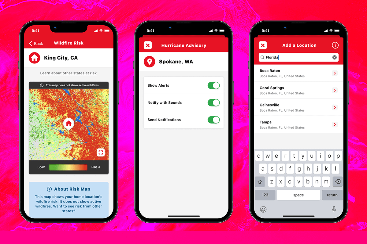 Three phone screens side by side, displaying different features of the app and demonstrating the interface.