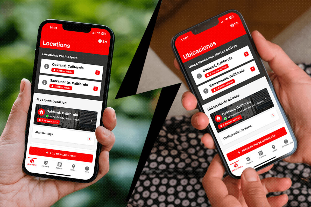 Two phone screens showcasing the two different languages. Left is in English and Right is the Spanish version.