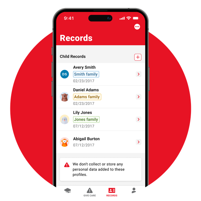 Phone screen displaying the app's 'Child Records' feature.