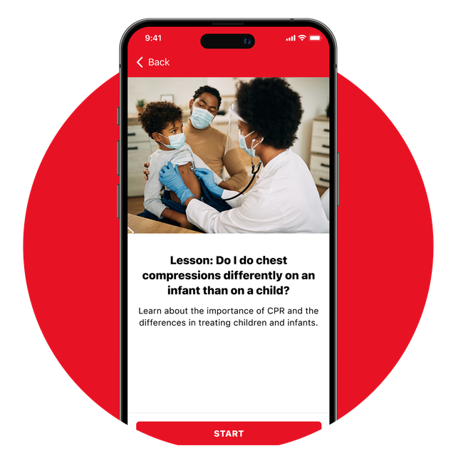 Phone screen showing the 'Lesson' view in the app, with the example "Do I do chest compressions differently on an infant than on a child".
