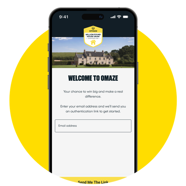 Iphone on yellow circle. Screen shows the Omaze login page.