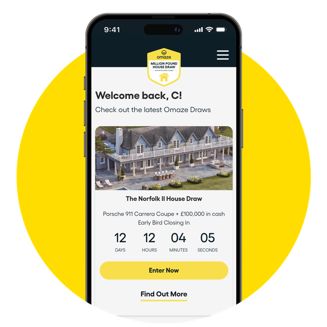 Iphone on yellow circle. Screen shows the Omaze home screen.