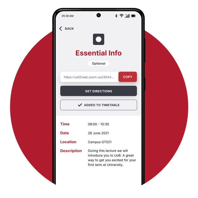 Phone screen displaying the essential information view that is available in the app.