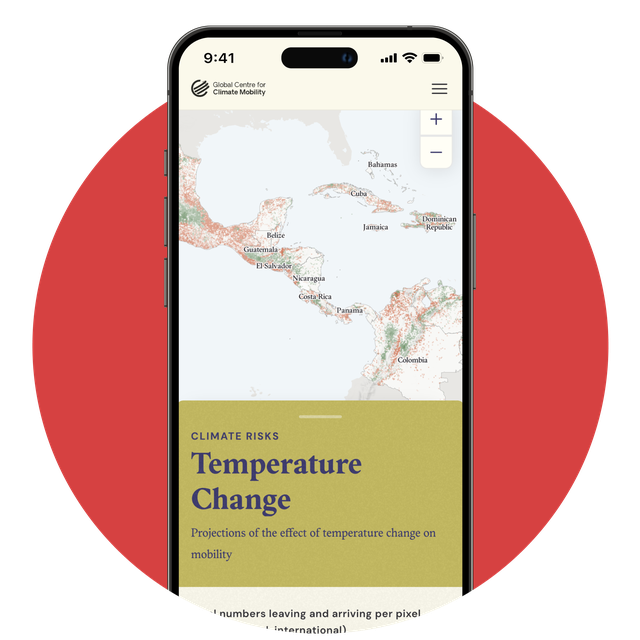 Phone screen displaying the Greater Caribbean Climate Mobility Hotspots feature with a map and details of 'temperature change' below it.
