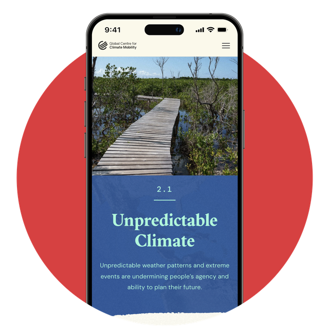 Phone screen showcasing the multimedia storytelling feature with infrmation about 'unpredictable climate' that has a photo above it.