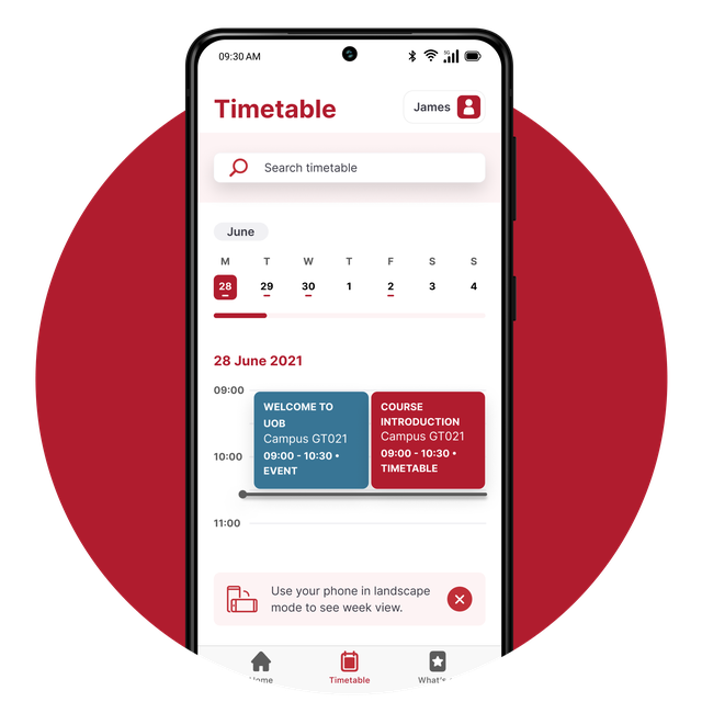 Phone screen displaying the Timetable view in the app.