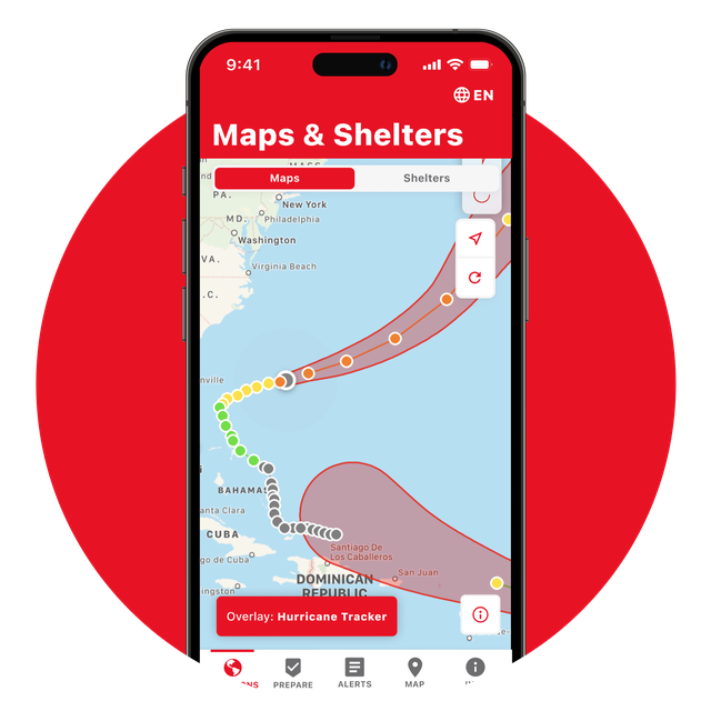 Phone screen showing the Maps and Shelters page in the app.