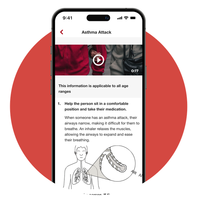 Phone screen showing the step by step guide for an asthma attack.
