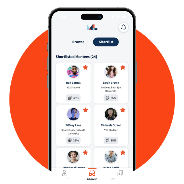 The shortlist page in the Migrant Leaders app with multiple profiles and different match percentages for each one.