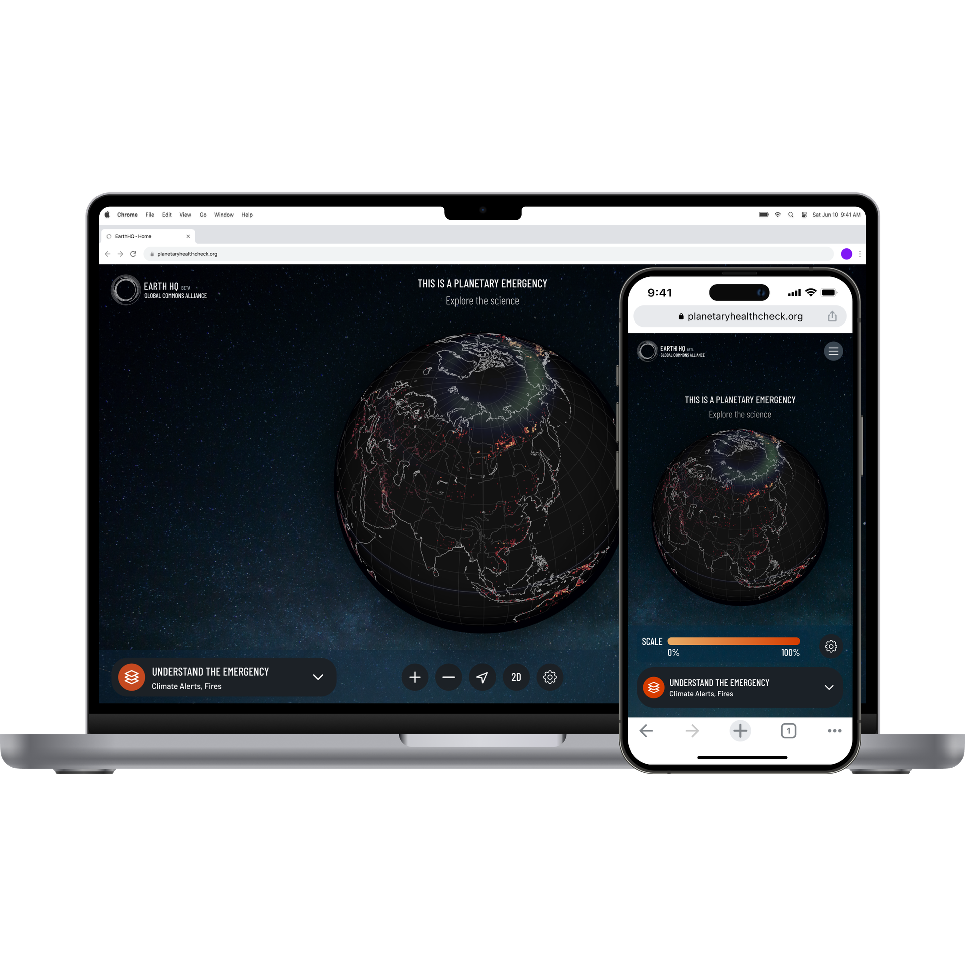 Laptop and phone side by side and both displaying the Earth HQ platform.