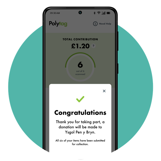 Phone screen showing the app 'congratulations' message when successfully tracking packaging.