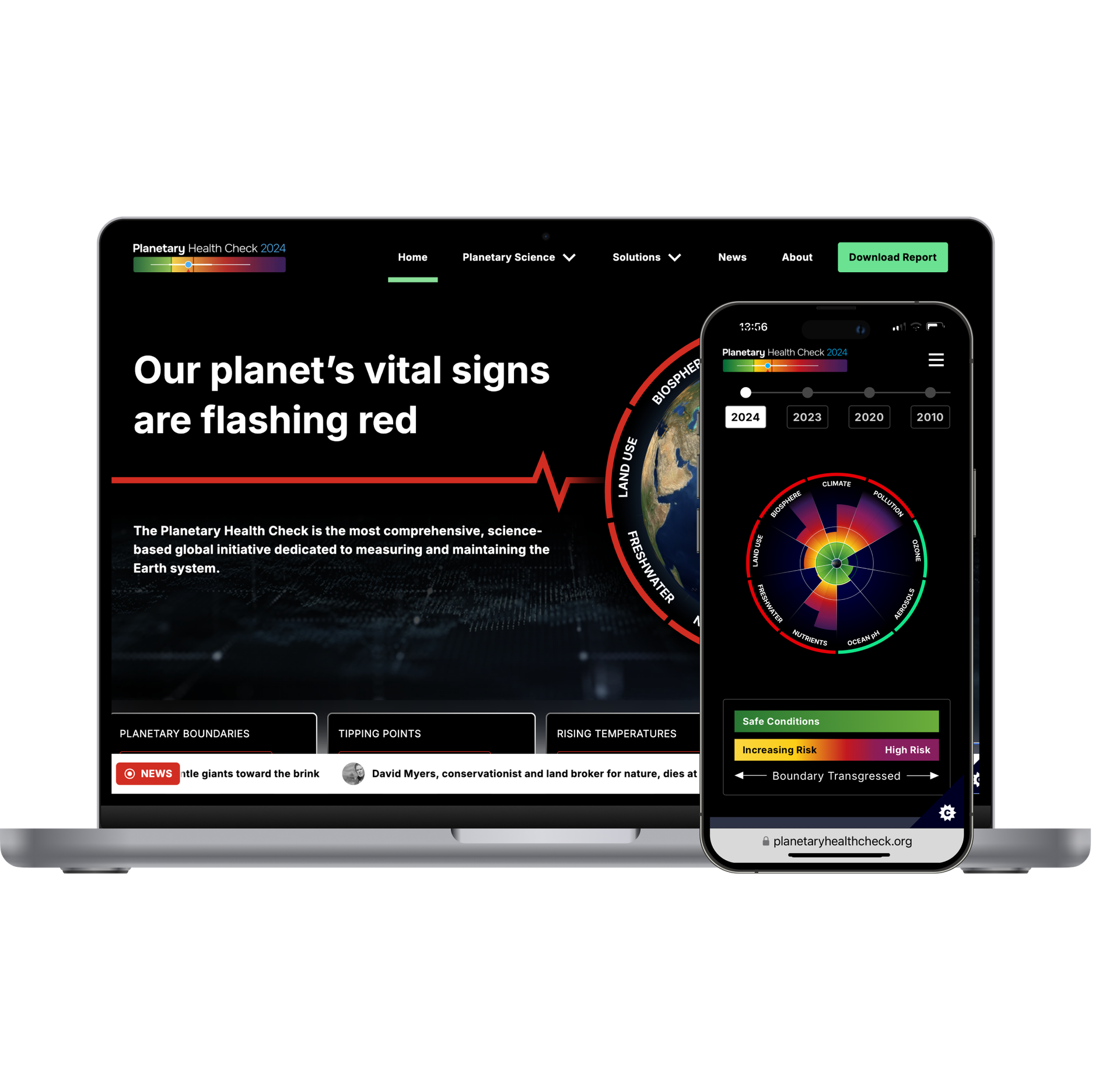 Planetary health check platform on laptop and phone.