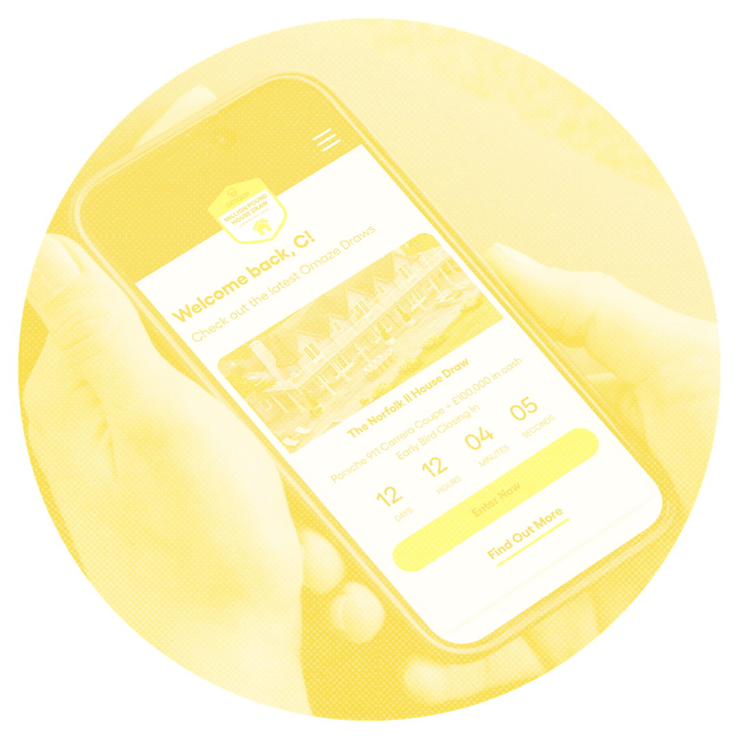 Omaze App in a circle faded into yellow