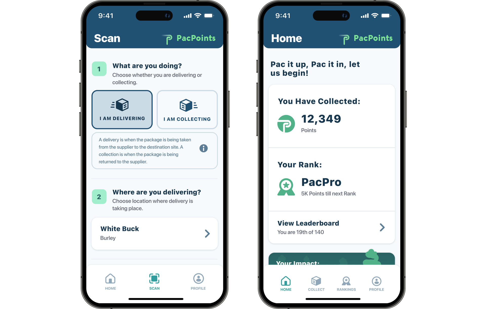 Two phone screens displaying the app interface.