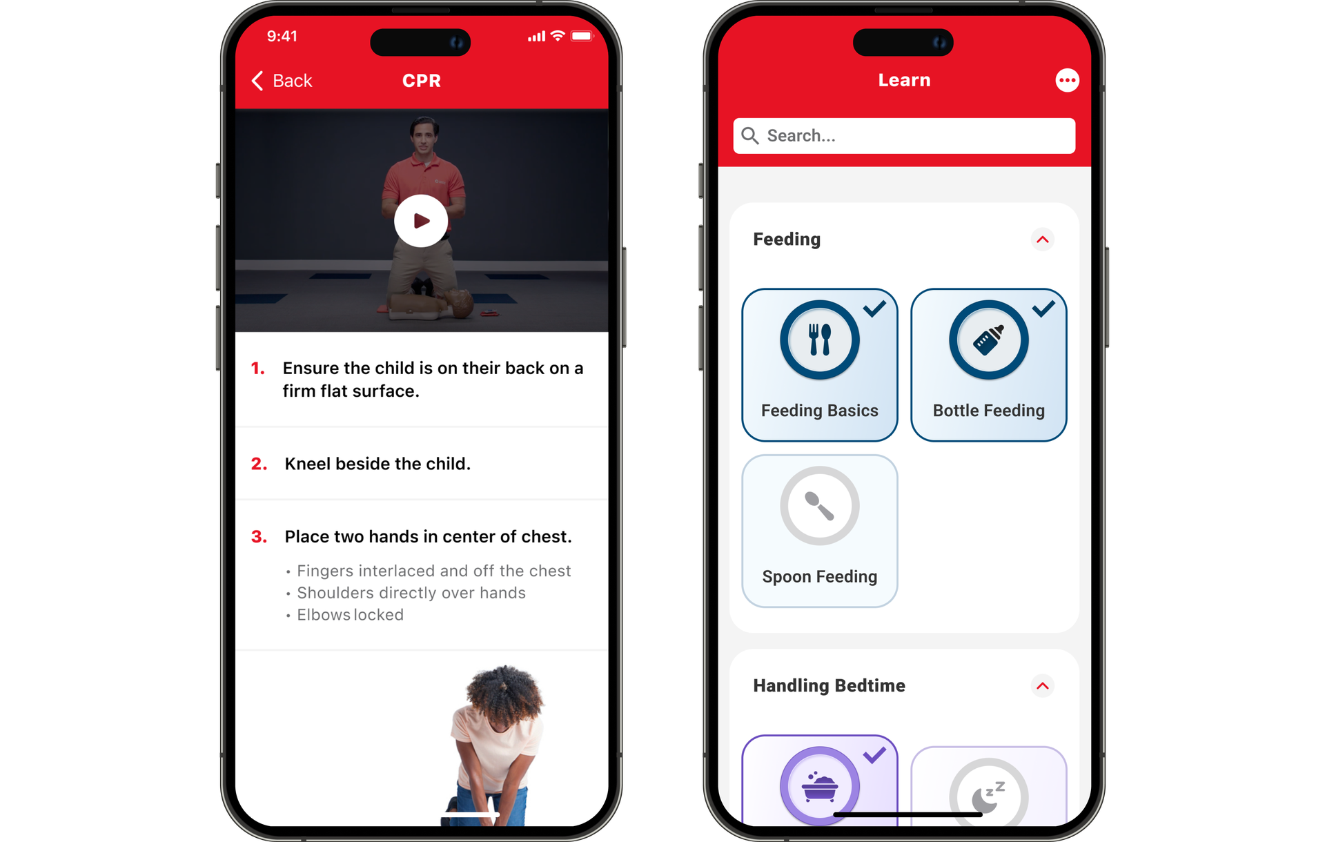 Two phone screens showcasing the American Red Cross Child Care app interface.