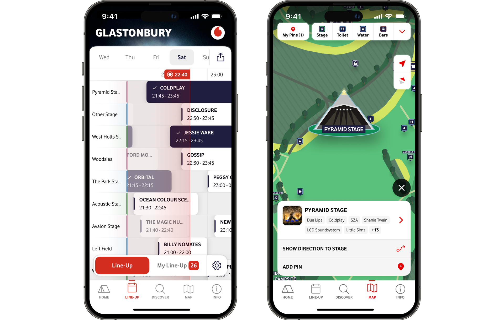 Glastonbury Festival Official App - two device screen showing the festival lineup in one screen and the interactive map of the festival in the other