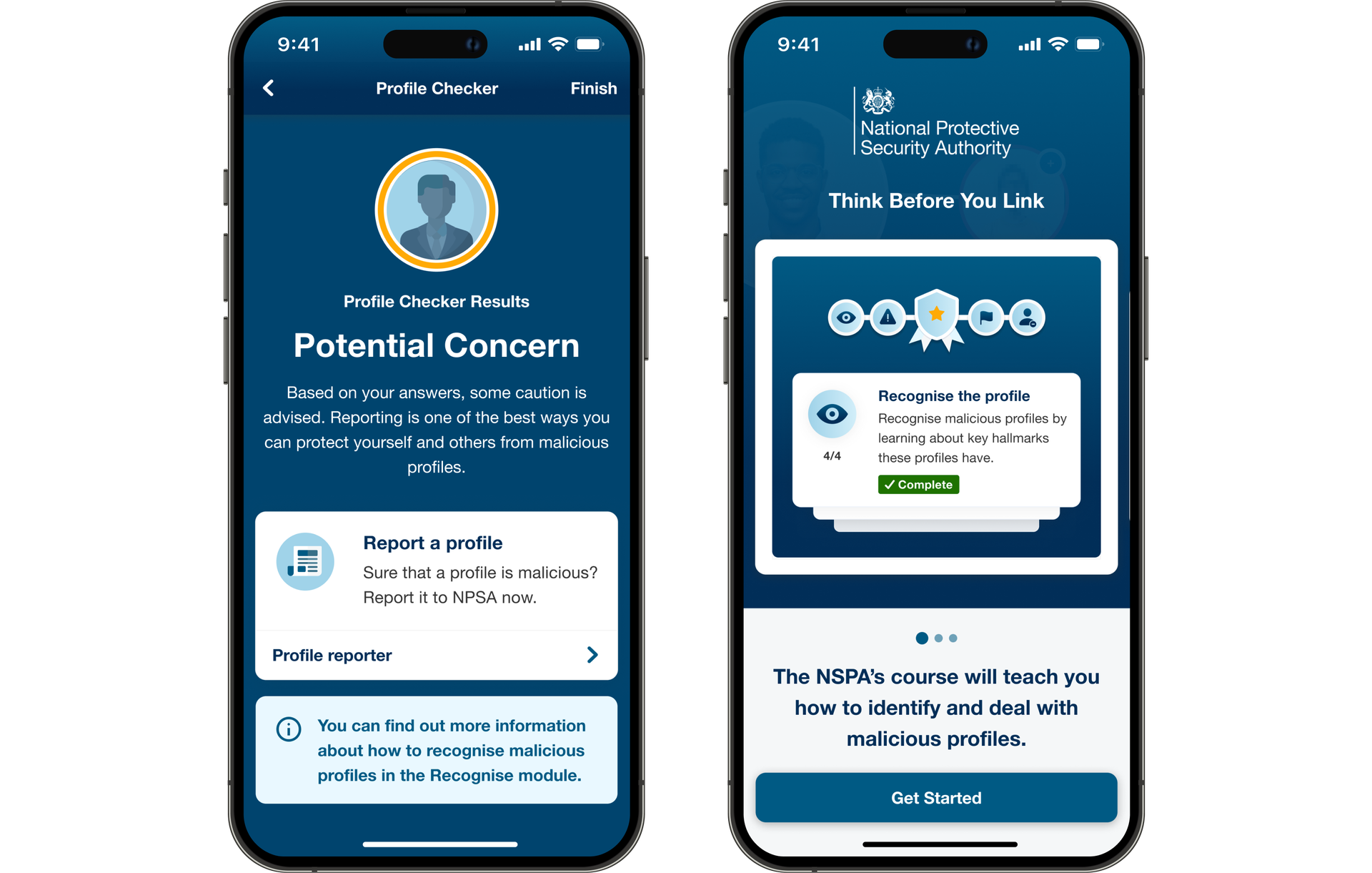 Two phone screens showing the app. The left shows a page 'profile checker' from a course. The left phone screen shows the Think before You Link 'Get started' page.