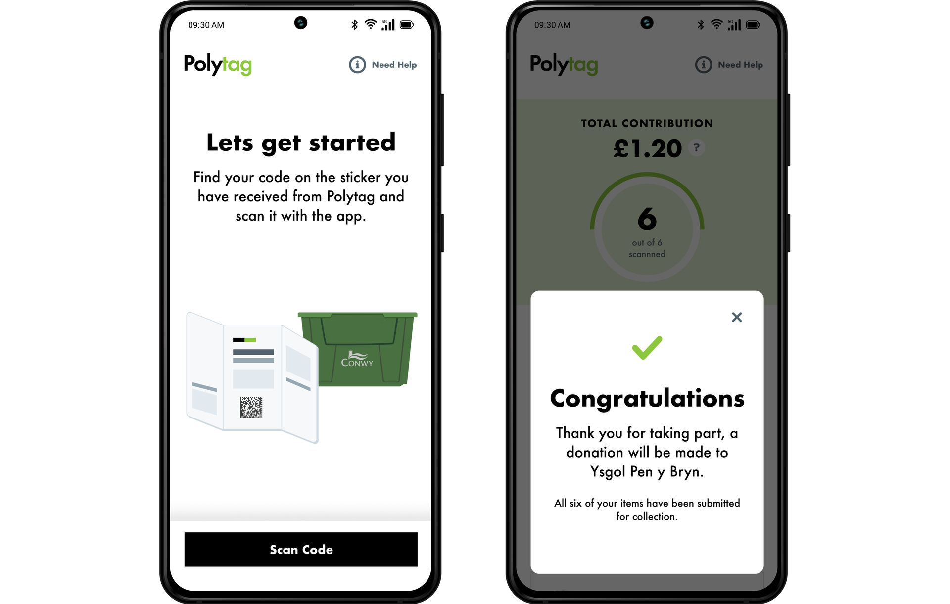 Two phone screens showing the app homepage and interface.