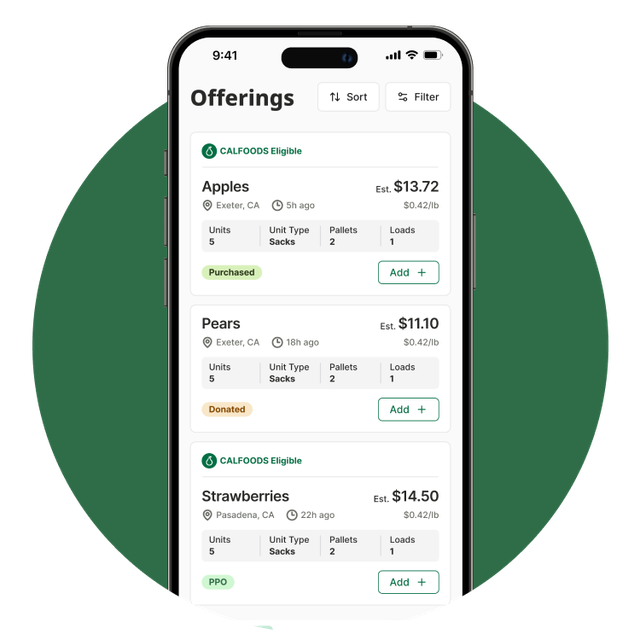 Phone screen showcasing the CAFB app inventory management feature.