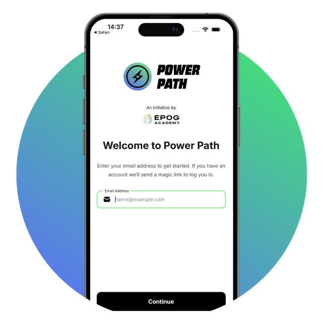Phone screen displaying the PowerPath platform onboarding interface.