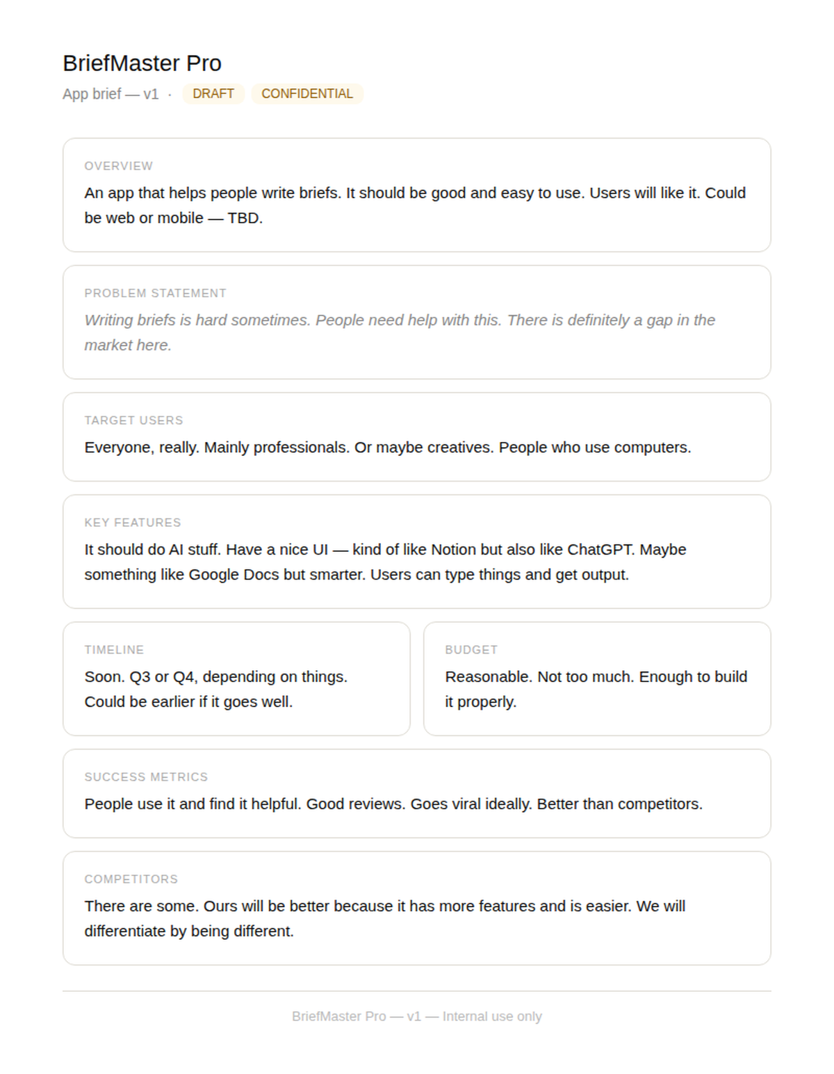 Bad example of an app brief for BriefMaster Pro, a brief-writing tool.
