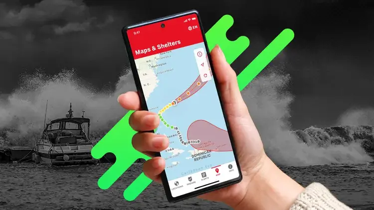 American Red Cross Emergency App shown on a mobile device in front of a stormy sea background