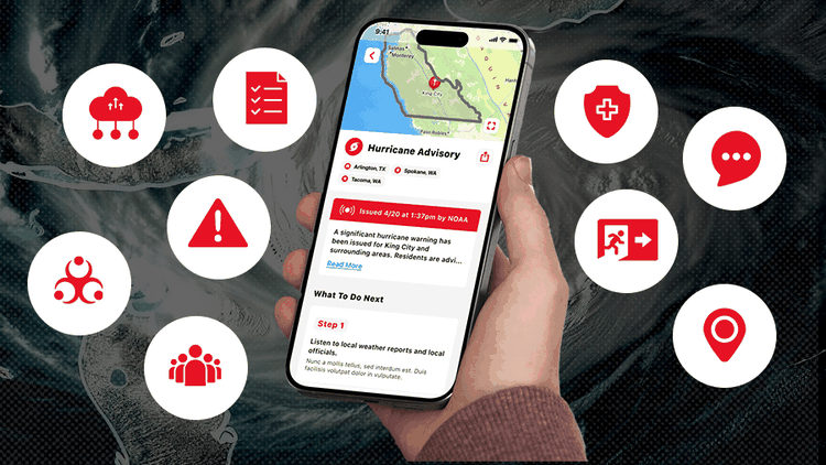 Phone screen with the American Red Cross Emergency app open. The phone is surrounded by nine icons, representing the nine features of life-saving disaster management apps.
