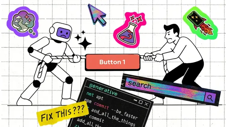 An AI robot and human playing tug of war. Cartoon style.