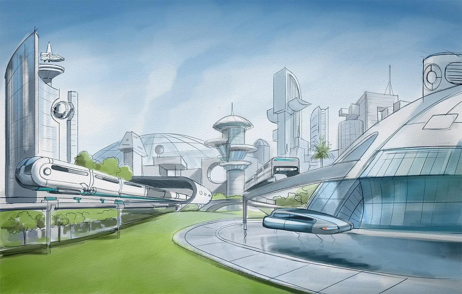 Futuristic Surreal Urban Modern Architecture In Pencil Drawing Style.  Fantasy Alien City Scene. Abstract Future Buildings Sketch. Generative AI  Stock Photo, Picture and Royalty Free Image. Image 201401353.