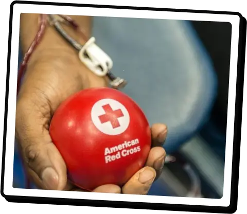 Blood donation process showing hands holding Red Cross stress ball