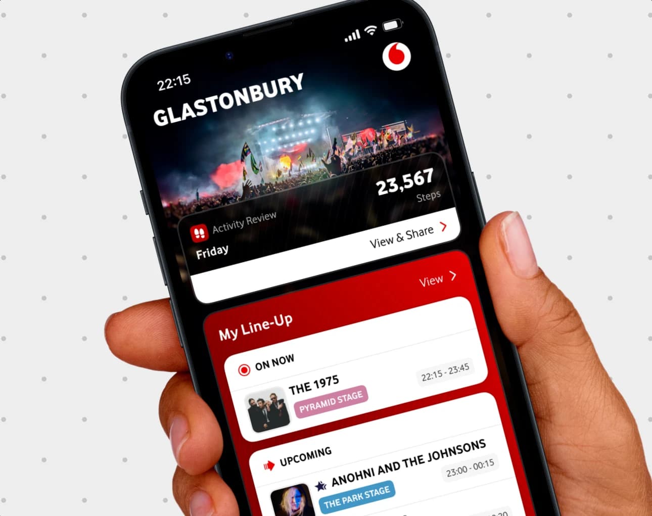 Phone mockup of the Glastonbury Festival App
