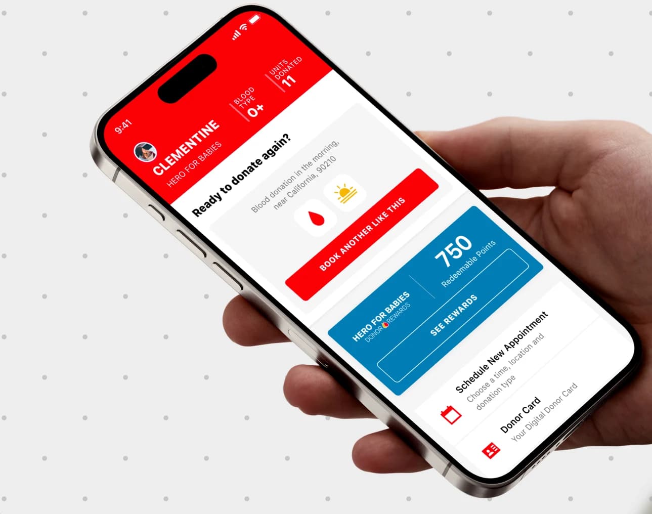 Phone mockup of the Blood Donor App