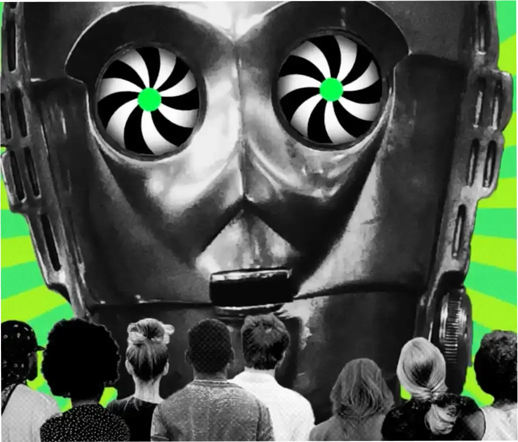 AI robot with hypnotic spiral eyes overlooking people